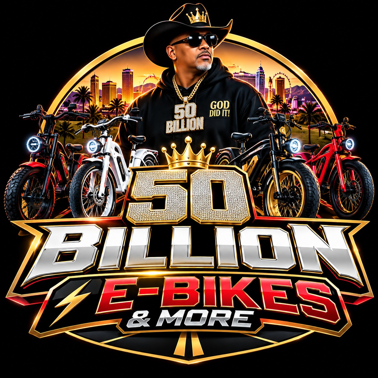 50 Billion E-Bikes and More brand artwork featuring electric bikes
